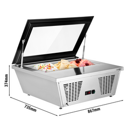 Tafelmodel ijsvitrine - 870mm - Statisch - voor 4x 5 liter ijscontainers - rechte deksel - Deksel opening naar bedieningszijde