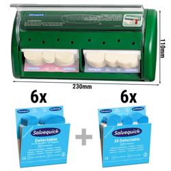 Salvequick® | موزّع لاصقات الجروح - فارغ - أخضر - مخصص لـ قطاع الضيافة - يشمل 12 عبوة إعادة تعبئة - مزوّد بـ لصاقات قابلة للكشف معدنيًا