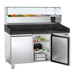 Pizzawerkbank PREMIUM - 1500x800mm - met granieten werkblad - met 2 deuren - incl. glasvitrine - 7x GN 1/4