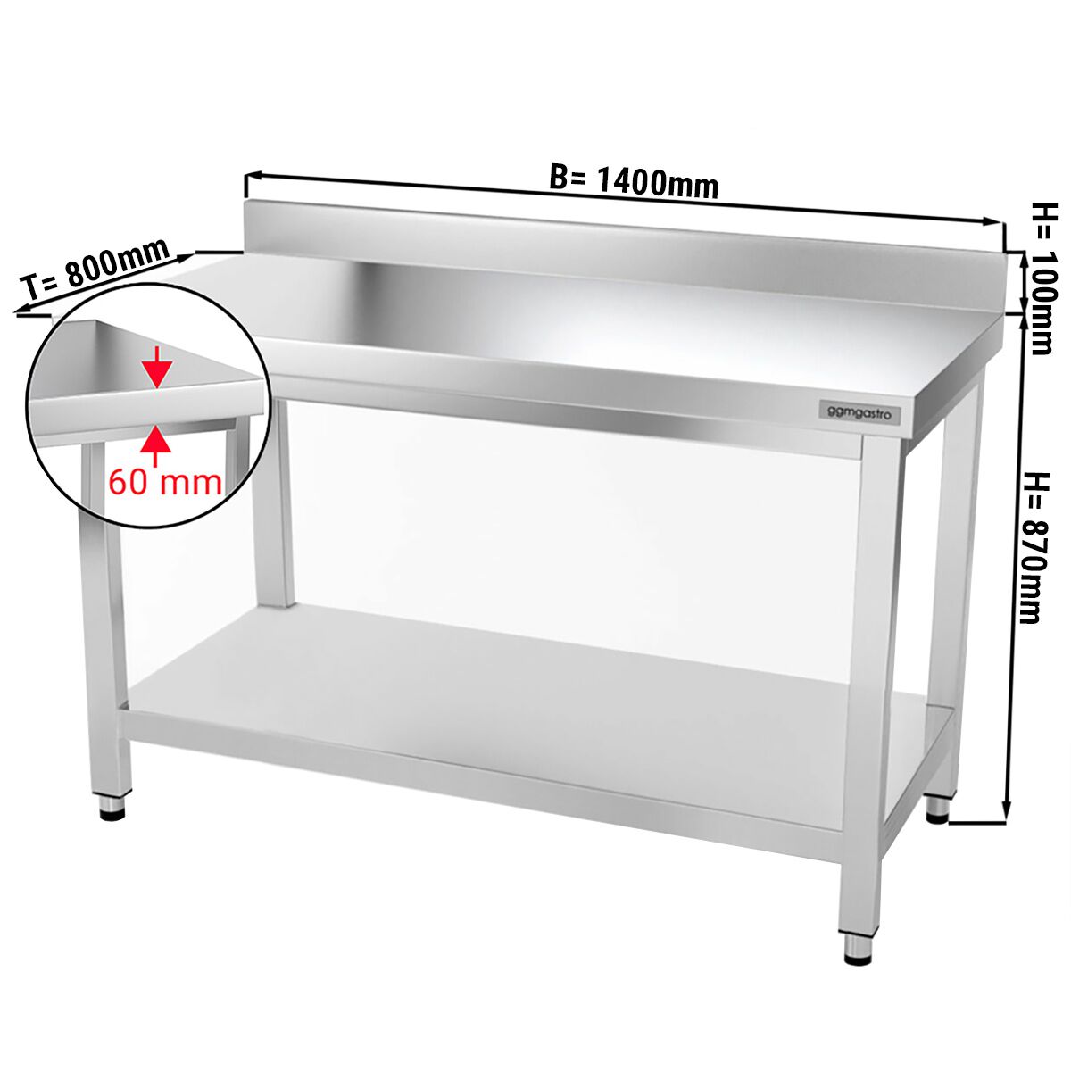 Radni stol od nehrđajućeg čelika PREMIUM - 1400x800 mm - Sa podnom pločom & poleđinom
