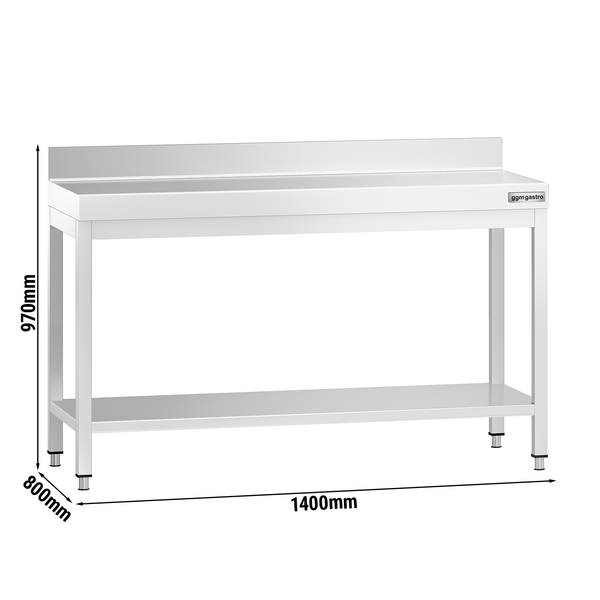 Stół roboczy ze stali nierdzewnej PREMIUM - 1400x800 mm - z półką dolną i panelem tylnym	