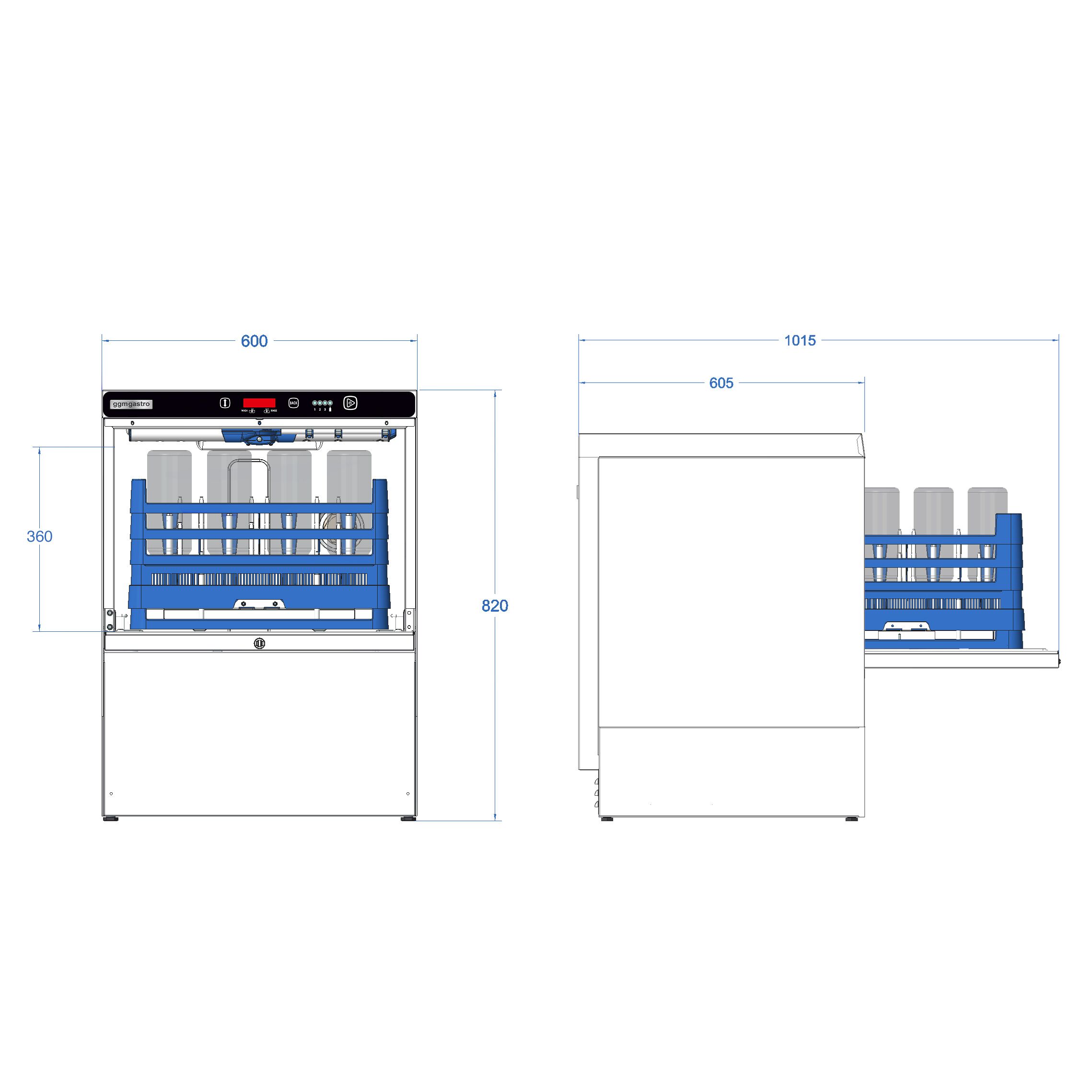 Lave-vaisselle professionnel - Panier 50x50cm - Commandes électroniques - 7,45kW - avec pompes doseuses détergent et liquide de rinçage