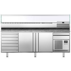 Pizzapult PREMIUM PLUS - 2305x800 mm - 2 ajtó + 6 fiók - feltéthűtővel üvegtetővel - 10x GN 1/3 - gránit munkalappal
