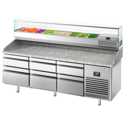 Pizza Hazırlık Tezgahı Premium PLUS - 1980x700mm -6 Çekmeceli - Soğutmalı vitrin dahil- 9x GN 1/4