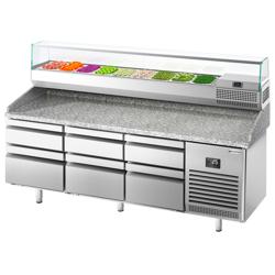 Pizzawerkbank PREMIUM PLUS - 1980x700mm - met granieten werkblad - met 6 laden - incl. glasvitrine - 9x GN 1/4
