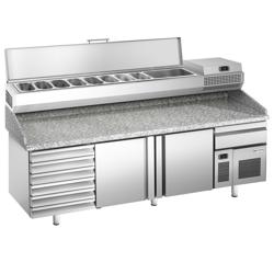 Pizzawerkbank PREMIUM PLUS - 2305x800mm - met granieten werkblad - met 2 deuren & 6 laden - incl. opzetkoelvitrine - 10x GN 1/3