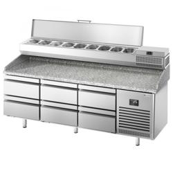 Pizzawerkbank PREMIUM PLUS - 1980x700mm - met granieten werkblad - met 6 laden - incl. opzetkoelvitrine - 9x GN 1/4