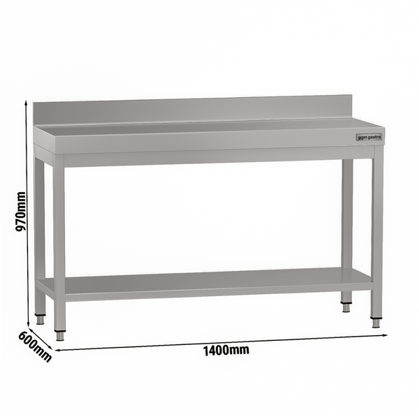 Mesa de trabajo de acero inox.    ECO 1,4 m - con zócalo y estante inferior