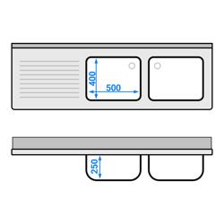 Fregadero de acero Inox. con estante inferior PREMIUM - 1,8 m - 2 fregaderos a la derecha A 50 x P 40 x A 25 cm 