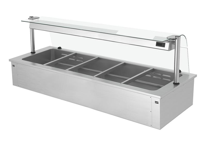Drop-in Bain Marie - 1785mm - 5x GN 1/1 - 150mm deep - Wet Heat - 3,65 kW - with Glass Sneeze Guard
