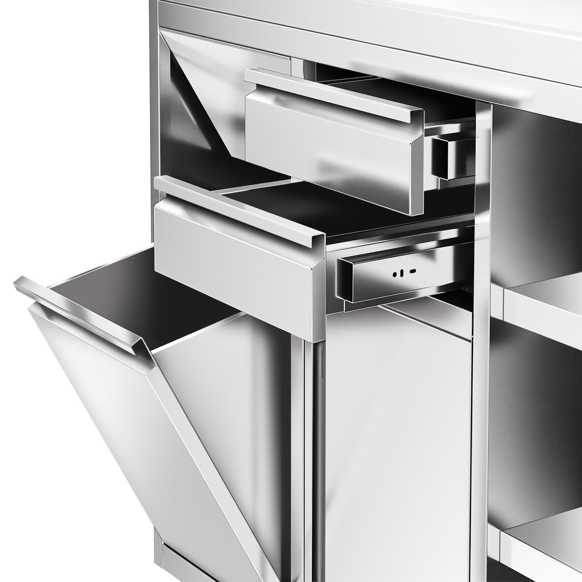 Table armoire en acier inoxydable - 1200x600mm - avec portes battantes - avec dosseret - pour cafetière à filtre (machine à café) - avec 2 tiroirs