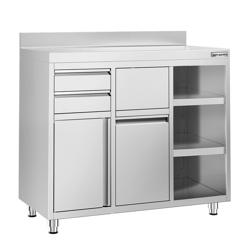Table armoire en acier inoxydable - 1200x600mm - avec portes battantes - avec dosseret - pour cafetière à filtre (machine à café) - avec 2 tiroirs