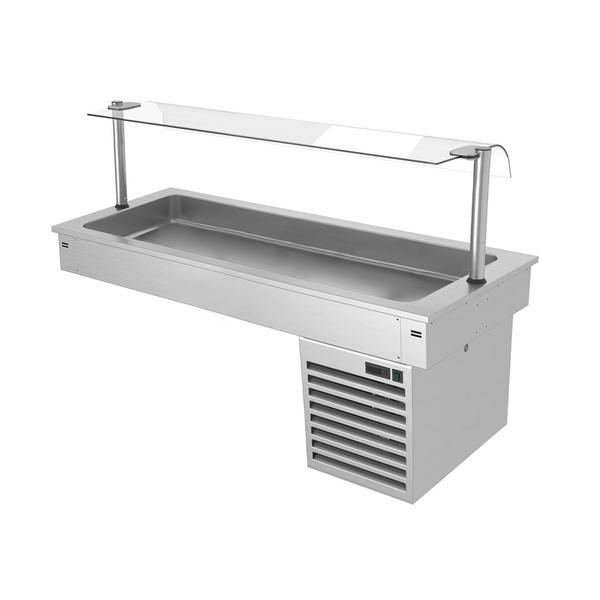 Vestavná chladicí vana - 1 500 mm - +2 až +8 °C - 4× GN 1/1 - 390 W - s jednostranným skleněným krytem proti kýchání