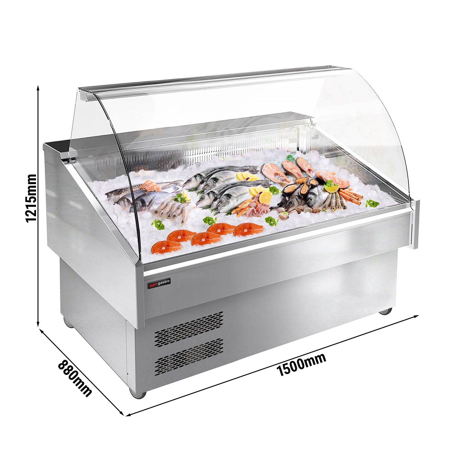 Fish Display Counter / Fish Serve Over Counter - 1250mm - curved front glass - double-glazed glass - LED lighting