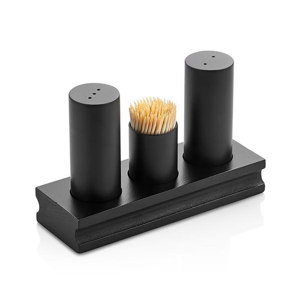 Salt and Pepper Cruet Set and Stand - 3-piece - salt & pepper; toothpicks - Stainless steel stand - Height: 200mm - Glass & Stainless steel - Black
