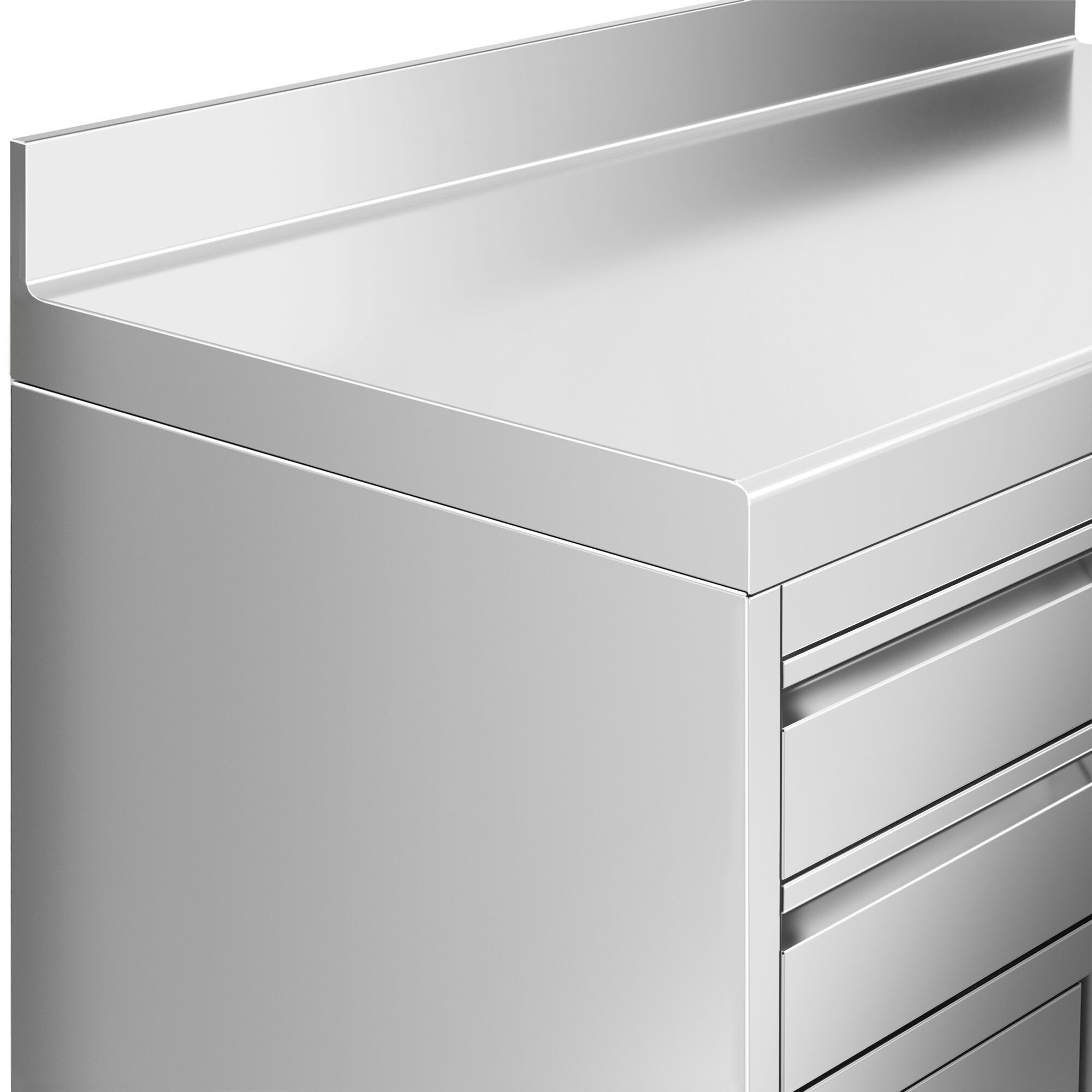 Table armoire en acier inoxydable - 800x600mm - avec 2 tiroirs et 1 porte battante et poubelle - avec dosseret - pour cafetière à filtre