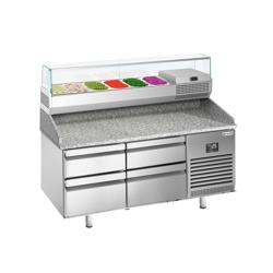 Pizzawerkbank PREMIUM PLUS - 1490x700mm - met granieten werkblad - met 4 laden - incl. glasvitrine - 6x GN 1/4