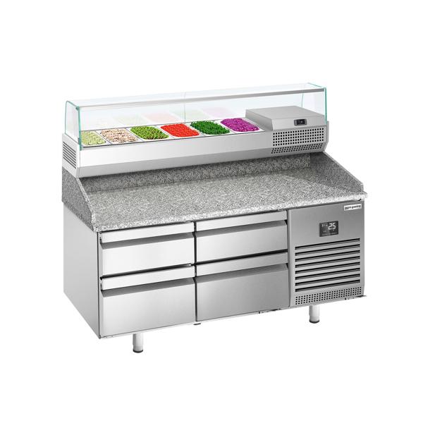 Tavoli refrigerati per pizza Premium PLUS - 1490x700 mm - con 4 cassetti - incl. vetrina refrigerata - 6x GN 1/4