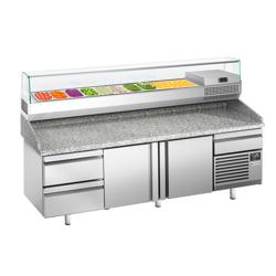 Pizzawerkbank PREMIUM PLUS - 2305x800mm - met granieten werkblad - met 2 deuren & 2 laden - incl. glasvitrine - 10x GN 1/3