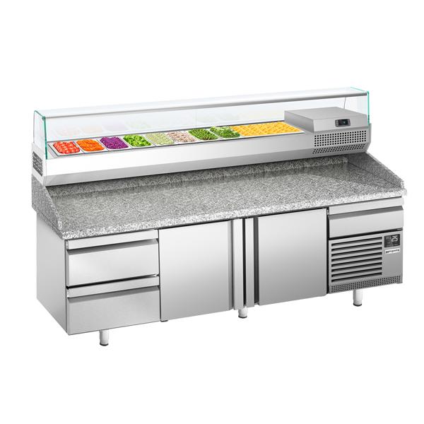 Pizzawerkbank PREMIUM PLUS - 2305x800mm - met granieten werkblad - met 2 deuren & 2 laden - incl. glasvitrine - 10x GN 1/3