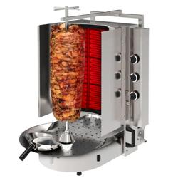 Máquina de kebab a gas - con cristal protector ROBAX® - 6 quemadores - 12kW - máx. 60kg - de pie - incl. pincho, abrazadera, plato para carne, bandeja recogegotas, pala para döner y set de puertas batientes