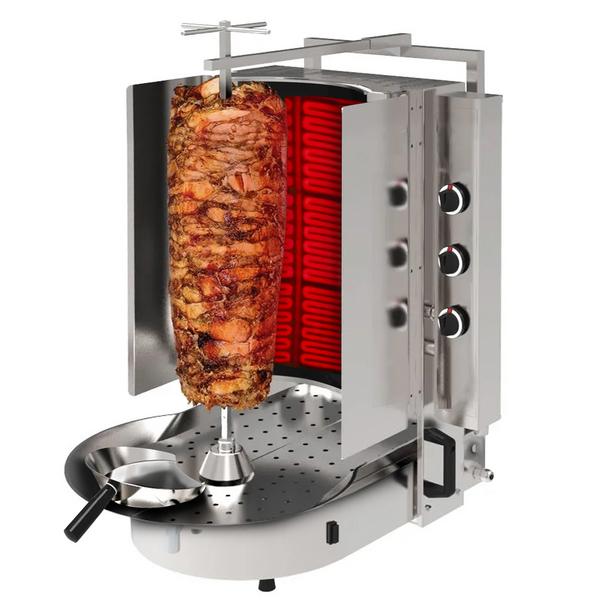 Macchina per Kebab Professionale a Gas - con vetroceramica ROBAX - 6 bruciatori - max 60kg - Da banco - incl. spiedo; pinza/klammer; piatto raccogli carne; vaschetta raccogligocce; paletta per döner; sportelli a battente