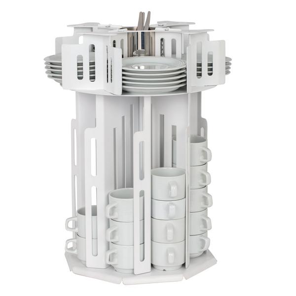 Dispenser pahare și farfurioare - oțel inoxidabil - rotativ - alb