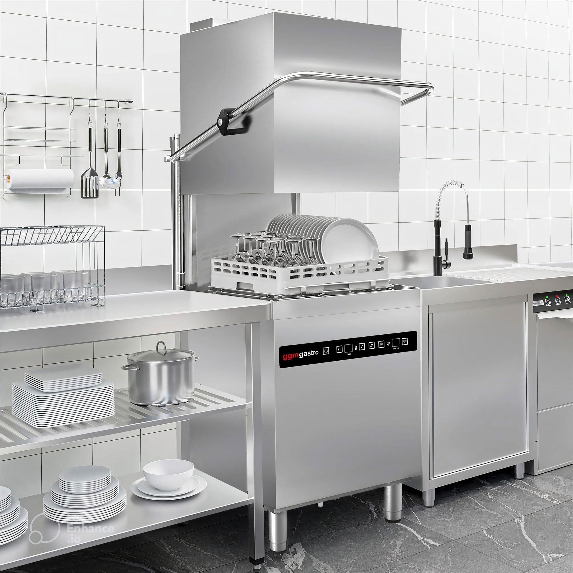 Lave-vaisselle à capot – Numérique – 8,7 kW – avec récupération de chaleur, pompe de détergent, de rinçage et de vidange