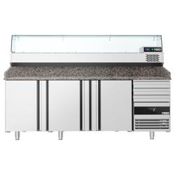 Pizzawerkbank PREMIUM - 2150x800mm - met granieten werkblad - met 3 deuren & 3 laden - incl. opzetkoelvitrine - 10x GN 1/3