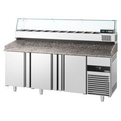 Pizzawerkbank PREMIUM - 2100x800mm - met granieten werkblad - met 3 deuren - incl. glasvitrine - 10x GN 1/3
