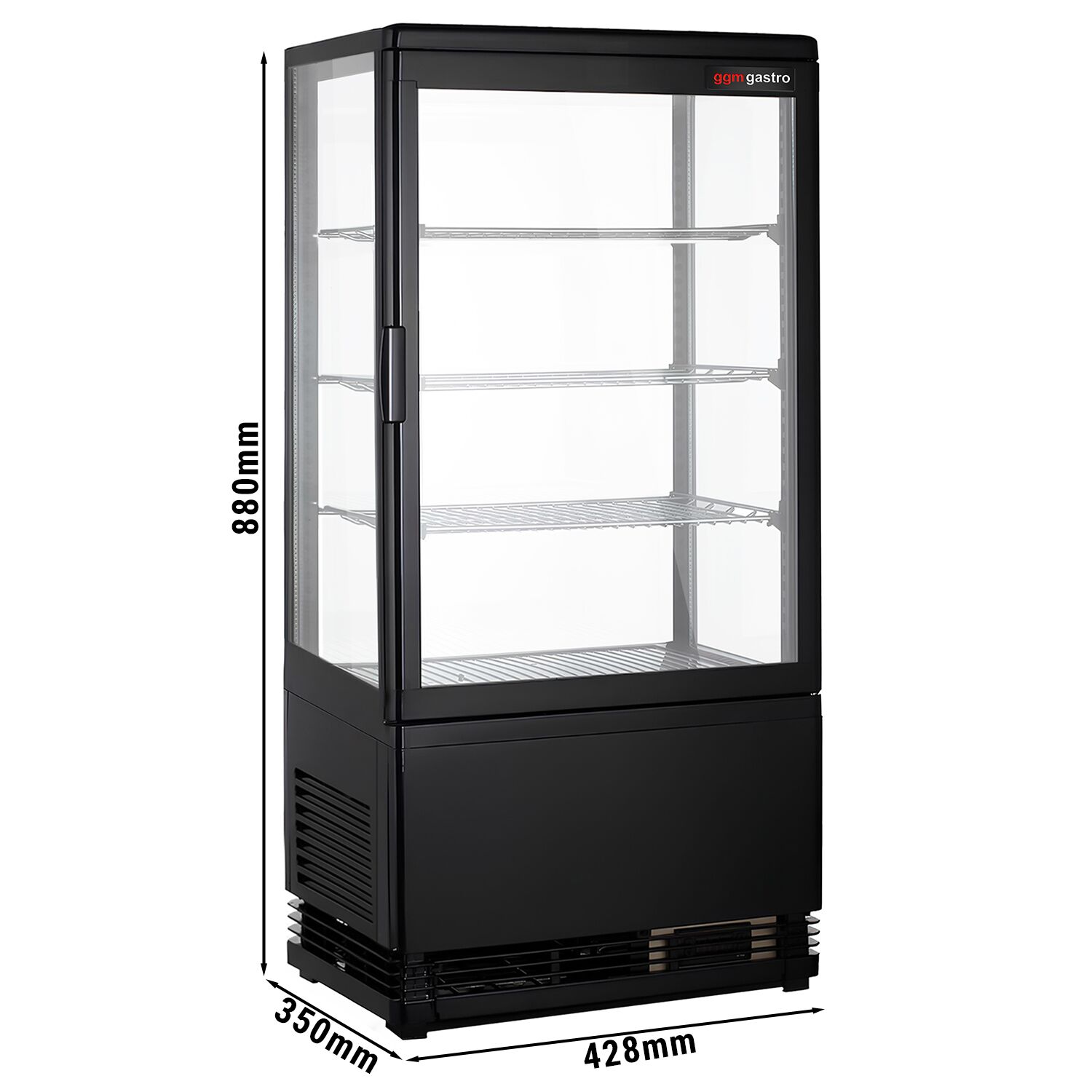 Vitrine réfrigérée 4 faces vitrées / Vitrine panoramique de table – 68 litres – 420 mm – 3 étagères – Noir
