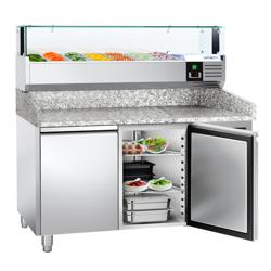 Commercial Refrigerated Pizza Prep Counter PREMIUM - 1500x800 - 2 Doors - Top Display Rail LED - 7x GN 1/4