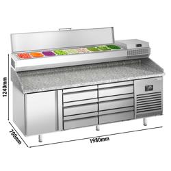 Pizzawerkbank PREMIUM PLUS - 1980x700mm - met granieten werkblad - met 1 deur & 6 laden - incl. opzetkoelvitrine - 9x GN 1/4