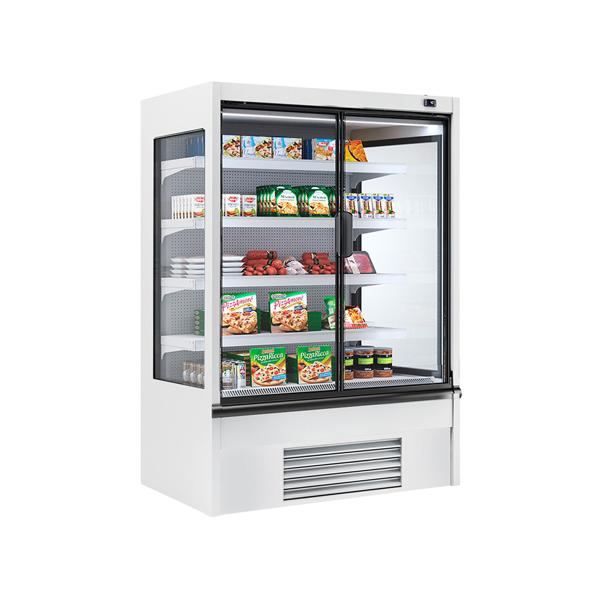 Espositore murale refrigerato - 1330 mm - 455 litri - con 2 porte a battente con doppio vetro e 4 ripiani