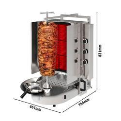 Macchina per Kebab Professionale a Gas - con vetroceramica ROBAX - 6 bruciatori - max 60kg - Da banco - incl. spiedo; pinza/klammer; piatto raccogli carne; vaschetta raccogligocce; paletta per döner; sportelli a battente