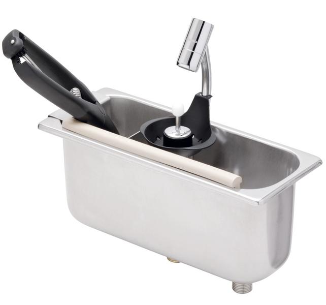 Fagylaltkanál mosogató - WATERSTOP - 269x110x115 mm - 1 beömlő 1/2" hátul - Visszafolyás-gátló - tartozék: Szitalap & víz túlfolyócső & leütőprofil & adagolókanál-csepegtető bilincs