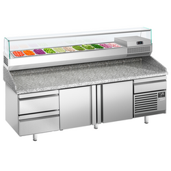 Pizzakylbänk PREMIUM PLUS - 2305x800mm - 2 luckor och 2 lådor - inkl. kylränna - 11x GN 1/4