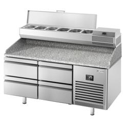 Pizzawerkbank PREMIUM PLUS - 1490x700mm - granieten werkblad - met 0 deuren & 4 deeglades (EN 600x400) - incl. koelopzetvitrine - 6x GN 1/4