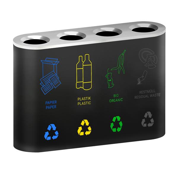 Poubelle de tri sélectif - 4 bacs de 35L chacun - 140L - 1080x800x300mm - avec autocollants de tri, bacs amovibles - Noir - Acier