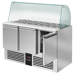 Saladette PREMIUM - 1368mm - 3 deuren - met hoge glazen opzetstuk voor 4x GN 1/1