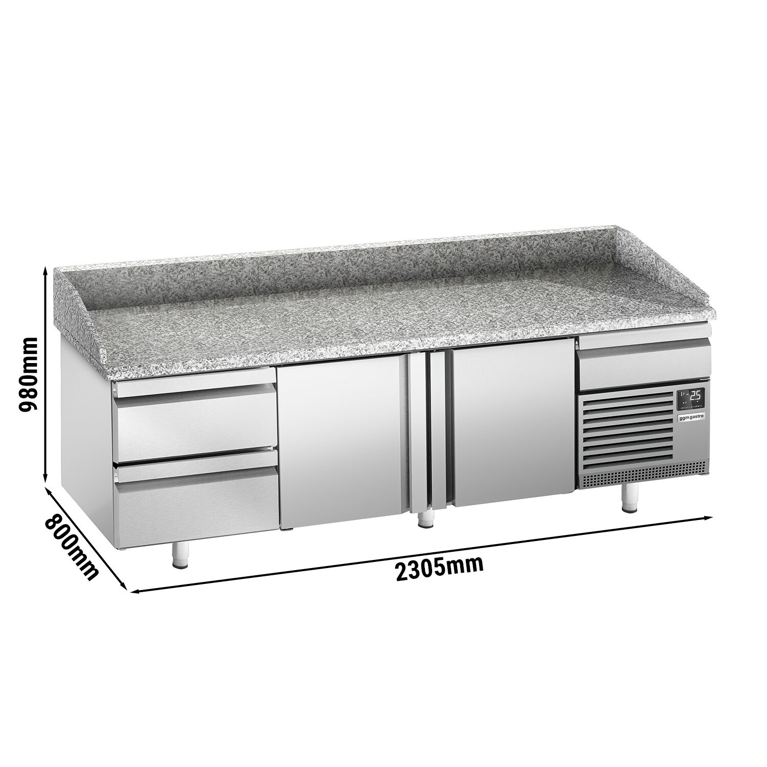 Commercial Pizza Prep Counter - Granite Top PREMIUM PLUS - 3305x800mm - with 3 doors & 3 drawers
