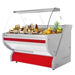 Vitrine refrigerada para bolos/pastelaria - 1325x1150x1310mm - vidro frontal curvo - iluminação - frontal vermelho - tampo em granito