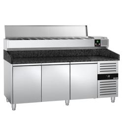 Banco pizza refrigerato PREMIUM - 2025x800mm - con 3 porte - piano in granito - con vetrina ingredienti refrigerata superiore - 9x GN 1/3