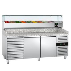 Pizzawerkbank ECO - 2025x800mm - met granieten werkblad - met 2 deuren & 7 laden - incl. glasvitrine - 10x GN 1/4