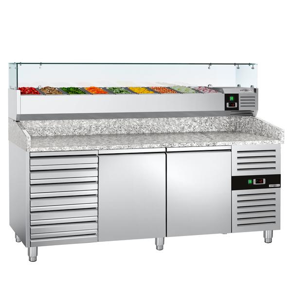 Pizzawerkbank ECO - 2025x800mm - met granieten werkblad - met 2 deuren & 7 laden - incl. glasvitrine - 10x GN 1/4
