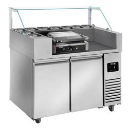 Commercial Refrigerated Prep Table PREMIUM – Glass Top – 2 Doors – 1210 mm – for 9× GN 1/6 – Includes contact grill (cast‑iron plates)