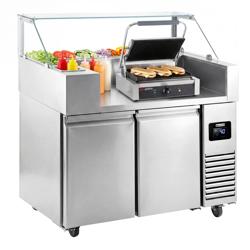 Commercial Refrigerated Prep Table PREMIUM – Glass Top – 2 Doors – 1210 mm – for 9× GN 1/6 – Includes contact grill (cast‑iron plates)