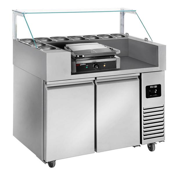 Stół chłodniczy przygotowawczy - 1210x700mm - z 2 drzwi - na 9x GN 1/6 - w zestawie: Cyfrowy grill kontaktowy