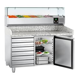 Pizzawerkbank ECO - 1500x800mm - met granieten werkblad - met 1 deur & 7 laden - incl. glasvitrine - 6x GN 1/3