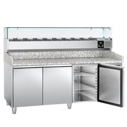 Pizzawerkbank ECO - 2025x800mm - met granieten werkblad - met 3 deuren - incl. glasvitrine - 9x GN 1/3